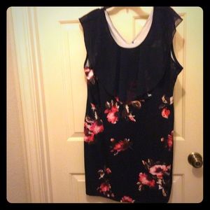 Navy floral print lined top dress sheer overlay